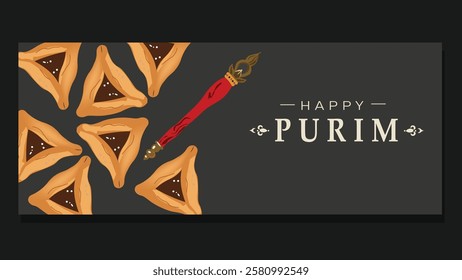 A stylish digital banner for Purim featuring golden Hamantaschen cookies a red Megillah scroll and elegant typography on a dark background symbolizing the Jewish holiday