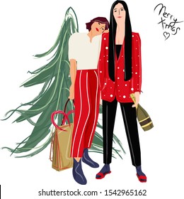 Stylish digital drawn vector illustration of lovely lesbian couple in red festive clothes celebrating winter holiday. Female gays hugs. Xmas tree giftpresent and champagne bottle. Lettering in corner