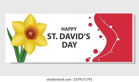  A stylish digital greeting card for St Davids Day featuring a bright yellow daffodil with red and white abstract design elements symbolizing Welsh culture and celebration