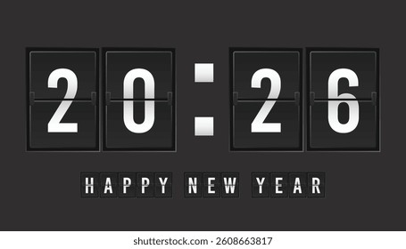 A stylish digital illustration displaying "2026 Happy New Year" on a retro flip clock Perfect for New Year's greetings cards and website banners.