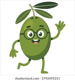 Stylish digital portrait of olive character gleeful emotion glasses joyful face smile eyes dancing arms legs shown over a clean blank background