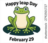 Stylish digital portrait of smiling leap day leap year 29 february calendar page cute frog leap atop a soft white background canvas