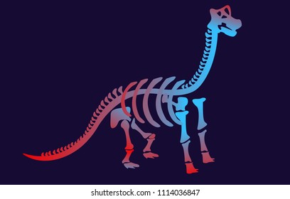 Stylish dinosaur bones, skeleton dinosaur. Brachiosaurus mighty, strong, herbivorous, long neck, small head, large mass. Modern vector flat design image isolated on black background