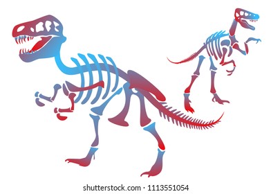 Stylish dinosaur bones, skeleton dinosaurs . Velociraptor, Tyrannosaurus meat-eating, predator, dangerous, strong . Modern vector flat design image isolated on black background 