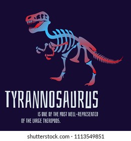 Stylish dinosaur bones, skeleton dinosaur inscription description. Tyrannosaurus predator, meat-emitting, carnivorous
 big teeth, dangerous Modern vector flat design image isolated on black background