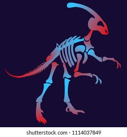 Stylish dinosaur bones, skeleton dinosaur. Parasaurolophus, herbivorous, wild animal, science, giant creature Modern vector flat design image isolated on black background