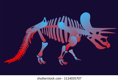 Stylish dinosaur bones, skeleton dinosaur . Triceratops, giant creature, Herbivorous, horned, powerful, strong Modern vector flat design image isolated on black background