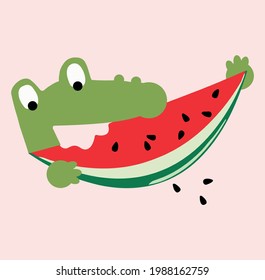 stylish dinosaur eating watermelon vector