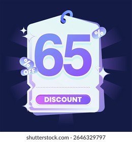 Stylish discount tag illustration featuring a glowing blue and purple gradient color scheme on a dark navy background. Includes sparkles and modern 3D text effects. Ideal for online shopping campaigns
