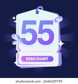 Stylish discount tag illustration featuring a glowing blue and purple gradient color scheme on a dark navy background. Includes sparkles and modern 3D text effects. Ideal for online shopping campaigns