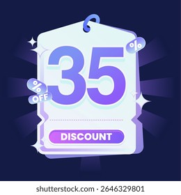 Stylish discount tag illustration featuring a glowing blue and purple gradient color scheme on a dark navy background. Includes sparkles and modern 3D text effects. Ideal for online shopping campaigns