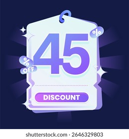 Stylish discount tag illustration featuring a glowing blue and purple gradient color scheme on a dark navy background. Includes sparkles and modern 3D text effects. Ideal for online shopping campaigns
