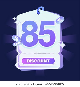 Stylish discount tag illustration featuring a glowing blue and purple gradient color scheme on a dark navy background. Includes sparkles and modern 3D text effects. Ideal for online shopping campaigns