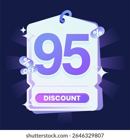 Stylish discount tag illustration featuring a glowing blue and purple gradient color scheme on a dark navy background. Includes sparkles and modern 3D text effects. Ideal for online shopping campaigns