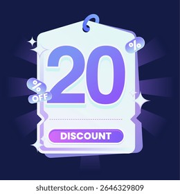 Stylish discount tag illustration featuring a glowing blue and purple gradient color scheme on a dark navy background. Includes sparkles and modern 3D text effects. Ideal for online shopping campaigns
