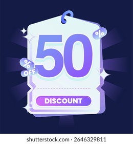 Stylish discount tag illustration featuring a glowing blue and purple gradient color scheme on a dark navy background. Includes sparkles and modern 3D text effects. Ideal for online shopping campaigns