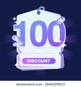 Stylish discount tag illustration featuring a glowing blue and purple gradient color scheme on a dark navy background. Includes sparkles and modern 3D text effects. Ideal for online shopping campaigns