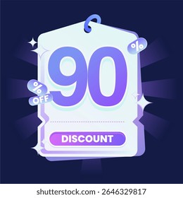 Stylish discount tag illustration featuring a glowing blue and purple gradient color scheme on a dark navy background. Includes sparkles and modern 3D text effects. Ideal for online shopping campaigns
