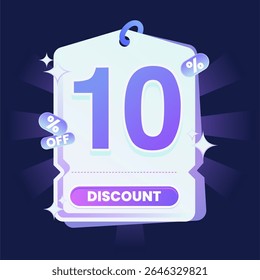 Stylish discount tag illustration featuring a glowing blue and purple gradient color scheme on a dark navy background. Includes sparkles and modern 3D text effects. Ideal for online shopping campaigns