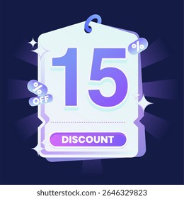 Stylish discount tag illustration featuring a glowing blue and purple gradient color scheme on a dark navy background. Includes sparkles and modern 3D text effects. Ideal for online shopping campaigns