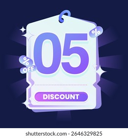 Stylish discount tag illustration featuring a glowing blue and purple gradient color scheme on a dark navy background. Includes sparkles and modern 3D text effects. Ideal for online shopping campaigns