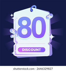 Stylish discount tag illustration featuring a glowing blue and purple gradient color scheme on a dark navy background. Includes sparkles and modern 3D text effects. Ideal for online shopping campaigns