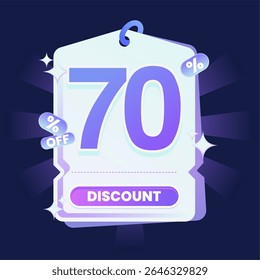 Stylish discount tag illustration featuring a glowing blue and purple gradient color scheme on a dark navy background. Includes sparkles and modern 3D text effects. Ideal for online shopping campaigns