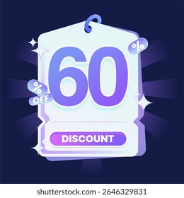 Stylish discount tag illustration featuring a glowing blue and purple gradient color scheme on a dark navy background. Includes sparkles and modern 3D text effects. Ideal for online shopping campaigns