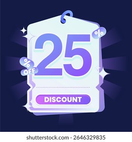 Stylish discount tag illustration featuring a glowing blue and purple gradient color scheme on a dark navy background. Includes sparkles and modern 3D text effects. Ideal for online shopping campaigns