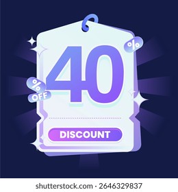 Stylish discount tag illustration featuring a glowing blue and purple gradient color scheme on a dark navy background. Includes sparkles and modern 3D text effects. Ideal for online shopping campaigns
