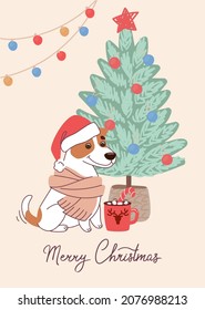 Stylish dog Jack Russell Terrier on christmas card. Vector greeting card in flat style with lettering Merry Christmas.