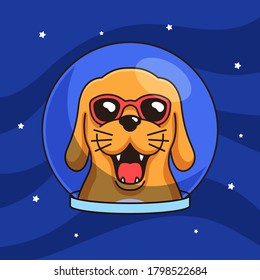 stylish dog wearing sun glasses and astronaut helmet spacesuit character mascot vector illustration with space sky background