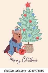 Stylish dog Yorkshire Terrier on christmas card. Vector illustration with Christmas tree in flat style and lettering Merry Christmas.