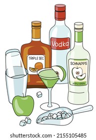Stylische doodle Cartoon appletini Apfel Martini Cocktail Zusammensetzung. Apfelschnaps und Wodka-Flaschen, Dreisek-Liköre, Barschüttler und Eiscreme. Für Barmenüs, Kochrezepte, Aufkleber oder Karten.