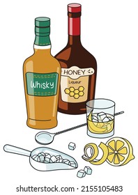 Estiloso dibujo animado de Rusty Nail composición de cócteles. Botellas de licor de miel y de whisky, cuchara de hielo y limón. Para el menú del bar, cocinar la receta del libro, pegatinas o tarjetas