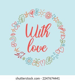 Elegante marco de doodle con frase para el día de San Valentín con fondo azul. Ilustración vectorial de dibujos animados para pegatinas, tarjetas de felicitación e invitaciones. 