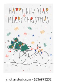Stylish doodle postcard with a bicycle carrying a christmas tree and an lettering. Christmas and New Year postcards. Hand Drawn style. Flat doodle holiday postcards template