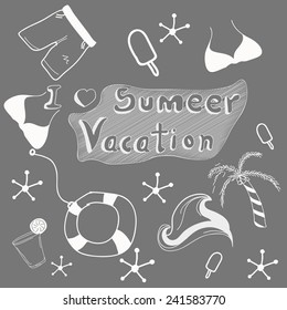 Stylish doodle set for summer vacation on grey background, seamless pattern.