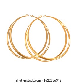 Stylish double hoops or rings yellow gold earrings or earclips. Elegant accessories vector realistic illustration isolated on white for fashion, jewelry, bijouterie shop, store, showcase, website.