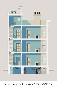 Stylish Downtown Residential Three Story Building Cross Section Illustration With Stairwell, Elevator, Apartment Room Interiors With Windows And Fireplaces, Roof Access, Chimneys And Basement