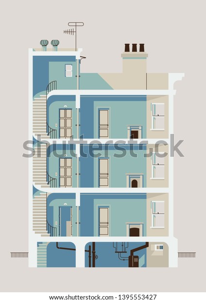 Stylish downtown residential three story
building cross section illustration with stairwell, elevator,
apartment room interiors with windows and fireplaces, roof access,
chimneys and basement