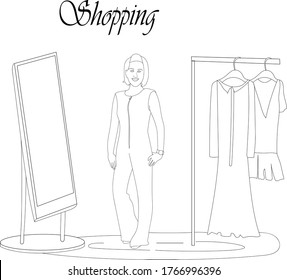 Stylish drawing, girl model in a fancy jumpsuit, smiling. Tries on new outfits in front of the mirror. Shopping as a lifestyle. Vector illustration