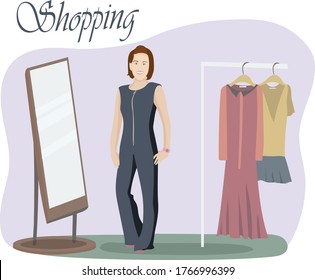 Stylish drawing, girl model in a fancy jumpsuit, smiling. Tries on new outfits in front of the mirror. Shopping as a lifestyle. Vector illustration