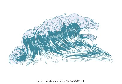 Stylish drawing of sea or ocean wave with foaming crest isolated on light background. Oceanic storm, tide, tsunami seawave. Seawater or saltwater. Realistic vector illustration in antique style.