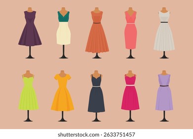 coleção de vestido elegante na costura manequins vetor ilustração em cores na moda.