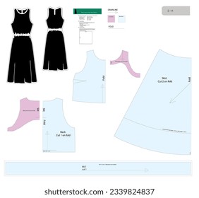 Vestido elegante con estilo de mujer bonita. Ropa de costura vectorial en tamaños pequeños y medianos. Presenta un ajuste semi-suelto, de longitud media, cintura media con cintura elástica, O-neckline. Cierre de botón y corredera trasera.