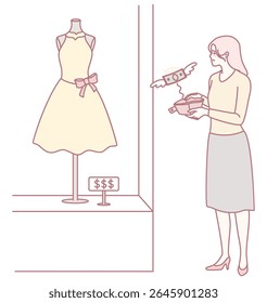 Um vestido elegante é exibido em uma janela boutique, enquanto um comprador ansioso explora a moda moderna nas proximidades