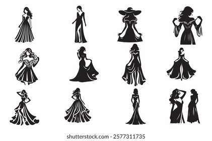 Stylish Women’s Dress Silhouette Vectors for Fashion Marketing