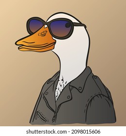 Stylish duck with glasses and a leather jacket. Colored with gradient fills. With scribble edging. Brutal character.