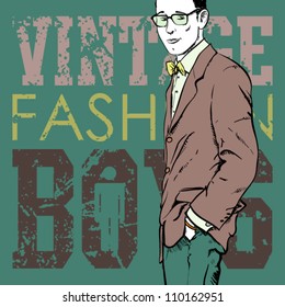 Stylish dude with bag  on a grunge background. Vector illustration.